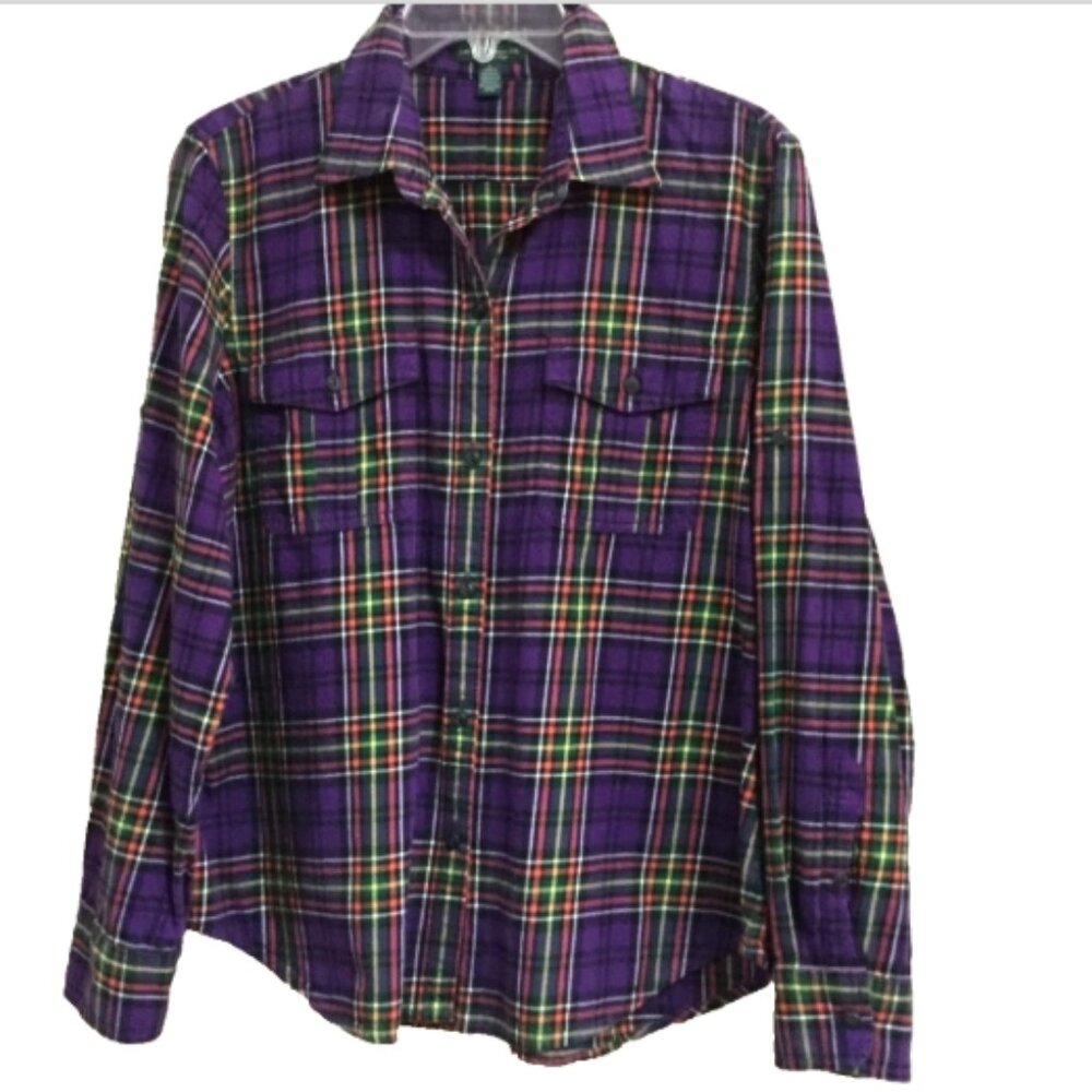 Lauren Ralph Lauren Jeans Co Women L Purple Plaid Button Front Shirt Blouse Top